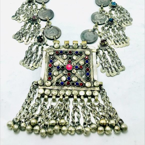 Silver Vintage Coins Chain Necklace, Tribal Big Pendant Necklace - Picture 4 of 9